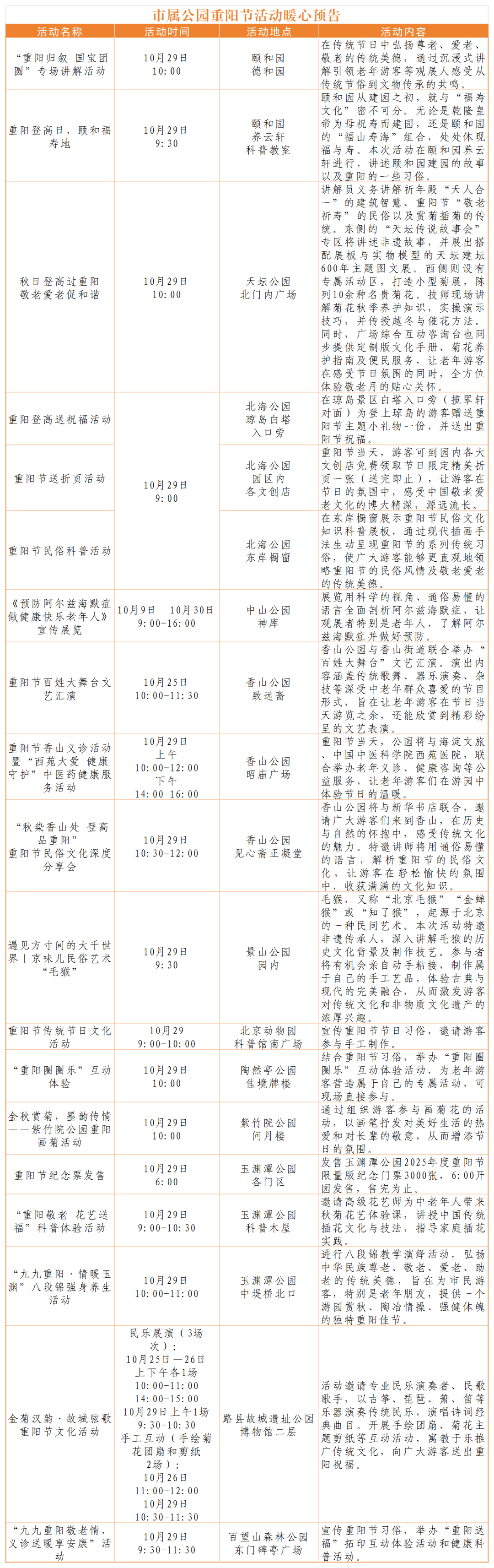 市属公园重阳节活动暖心预告
