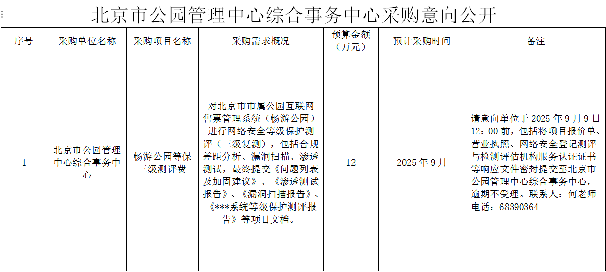 北京市公园管理中心综合事务中心畅游公园等保三级测评费采购意向公开.PNG